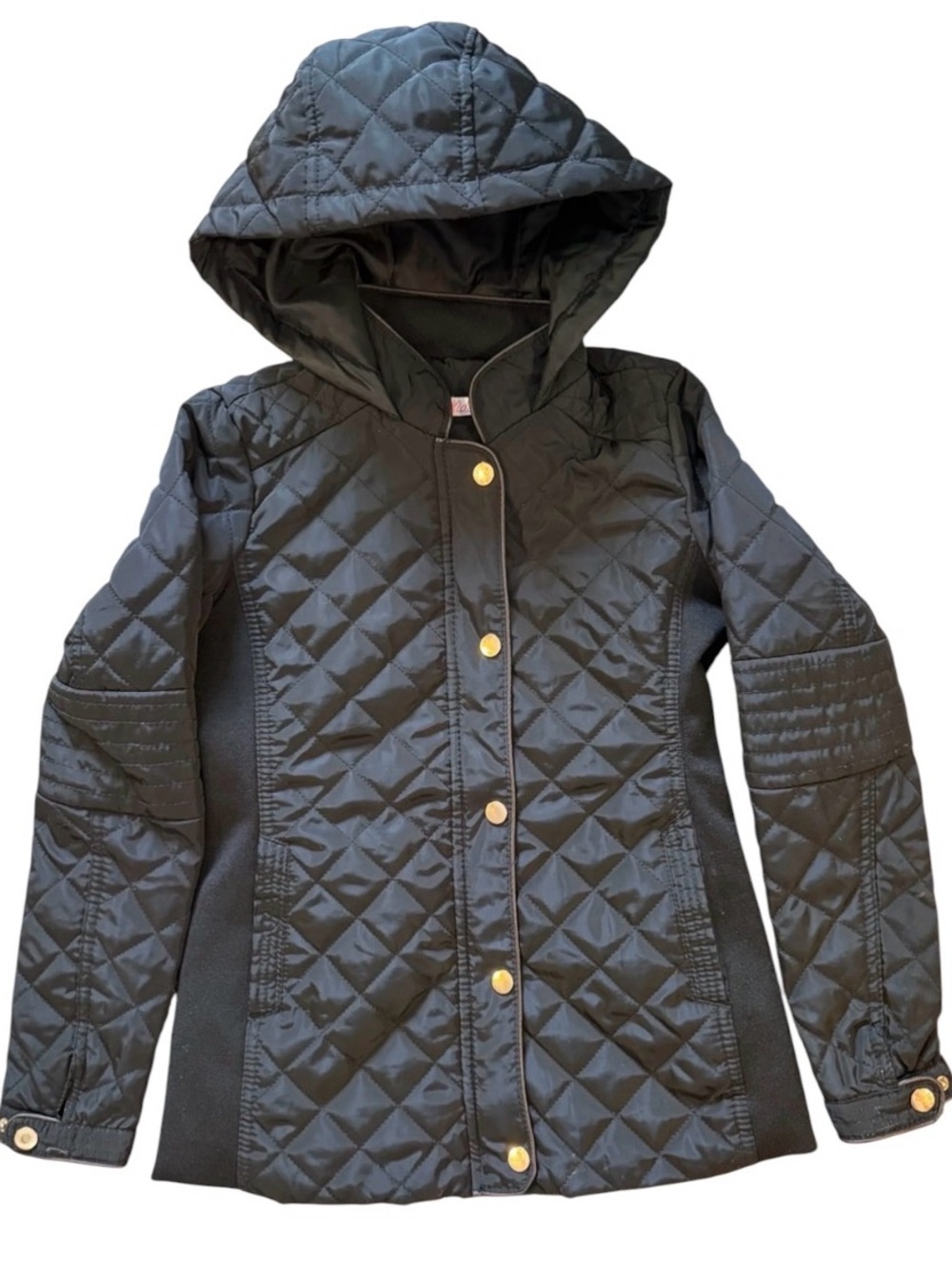Ci Sono Girls Black Quilted Puffer Jacket Gold Hardware Hooded Size XS/7 New